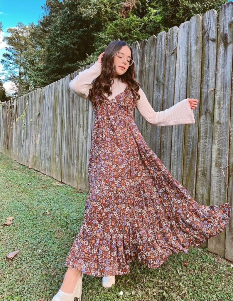 Floral Midi Dress With Layered Long Sleeves