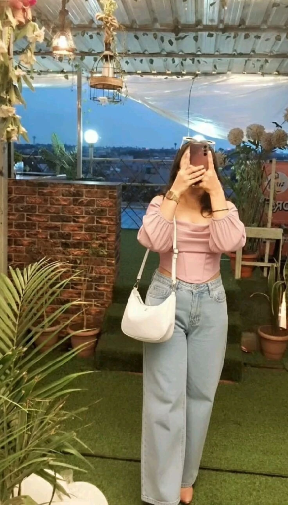 Soft Pink Off-Shoulder With Light Denim