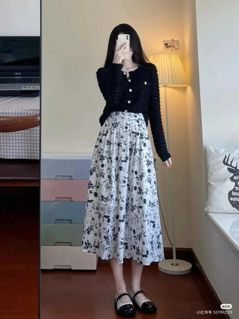 Black Cardigan With Floral Midi Skirt