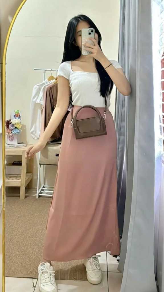 Cream Top With Dusty Rose Midi Skirt