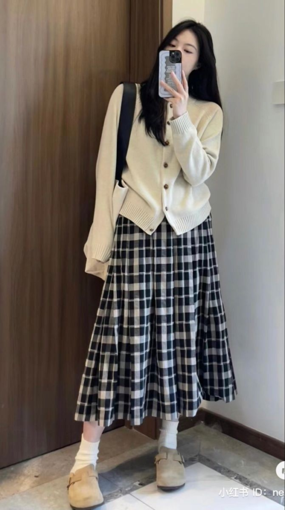 Cream Cardigan With Pleated Plaid Skirt