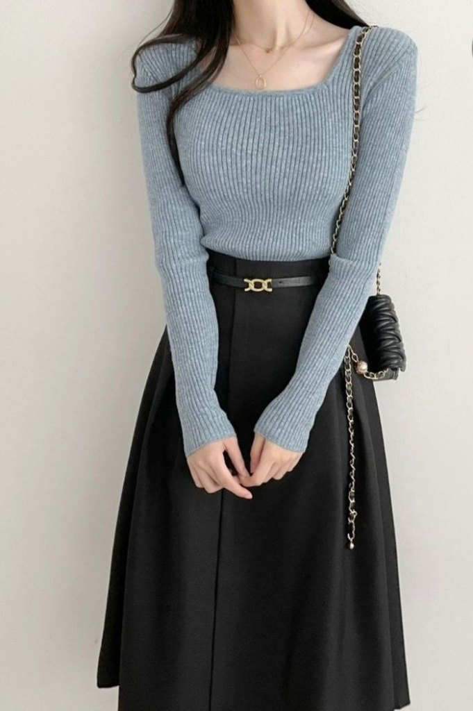 Soft Blue Ribbed Top With Black Midi Skirt