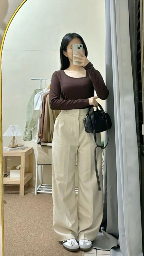 Chocolate Brown Top With Cream Trousers