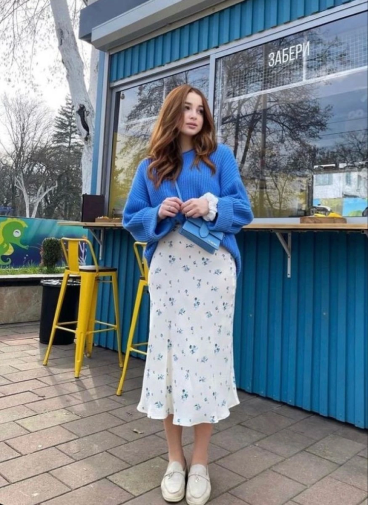 Vibrant Blue Sweater With Floral Midi Skirt