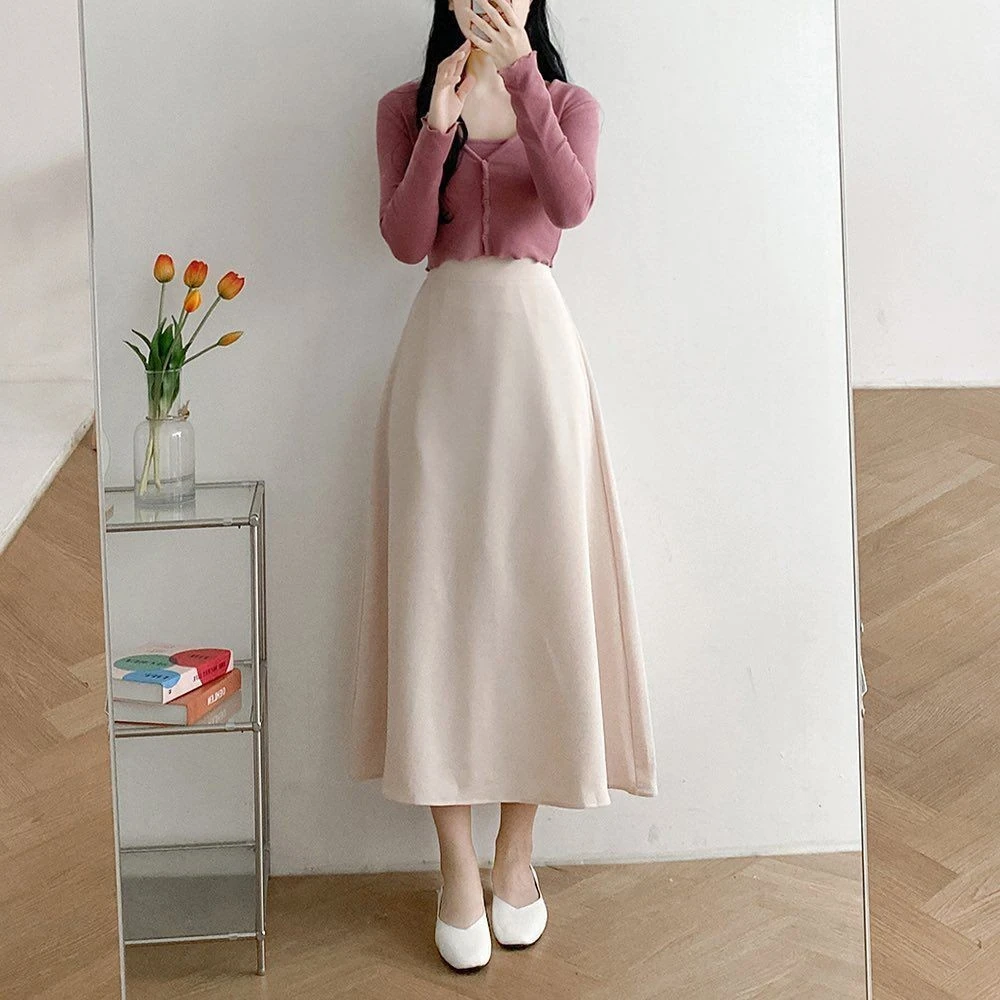 Dusty Rose Cardigan With Cream Midi Skirt