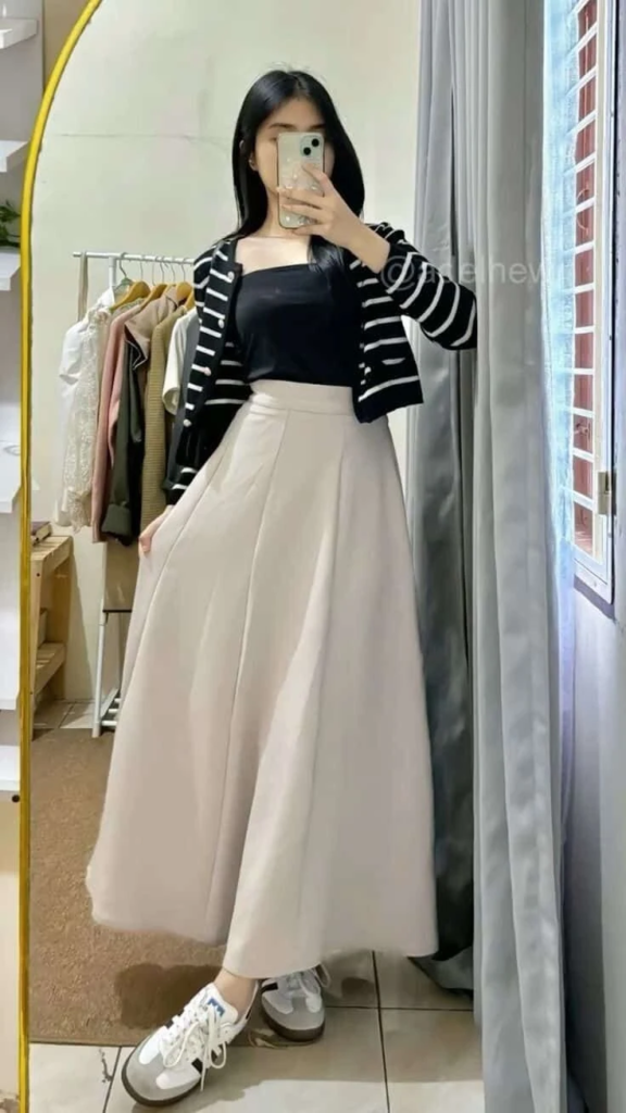 Striped Cardigan With Cream Midi Skirt