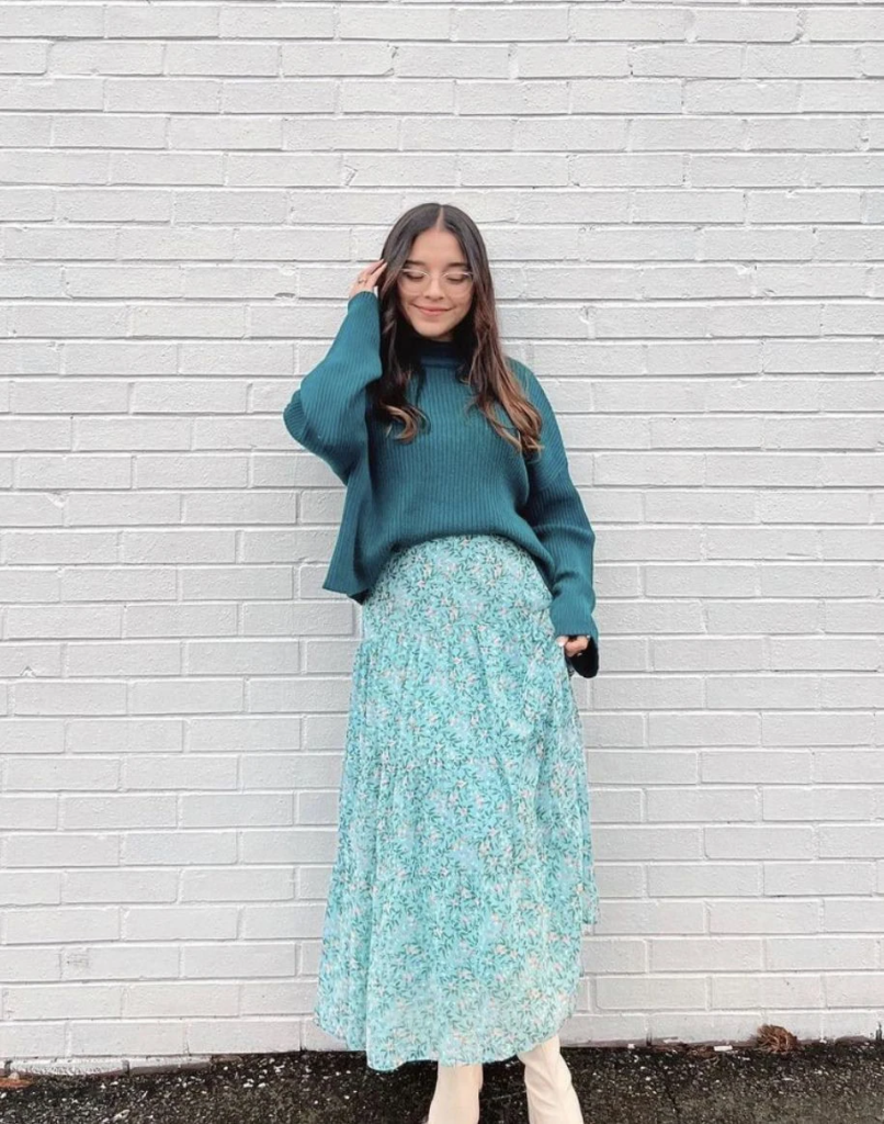 Teal Sweater With Floral Midi Skirt