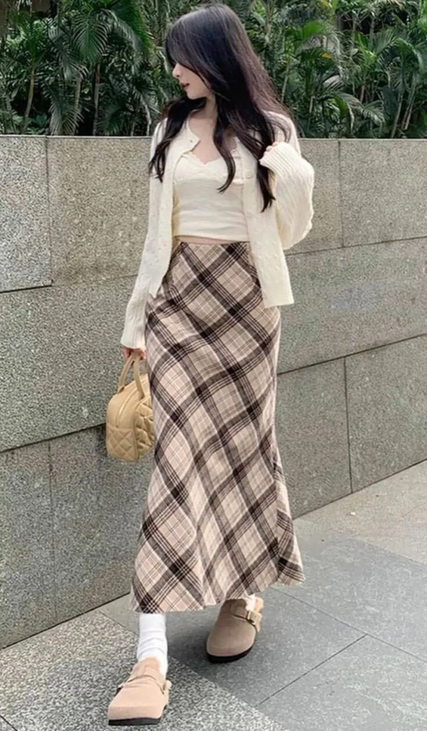 Cream Cardigan With Plaid Midi Skirt