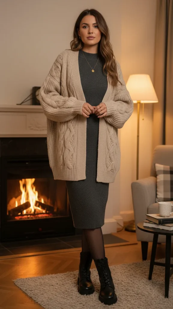 15. Cozy Knit Cardigan and Midi Dress