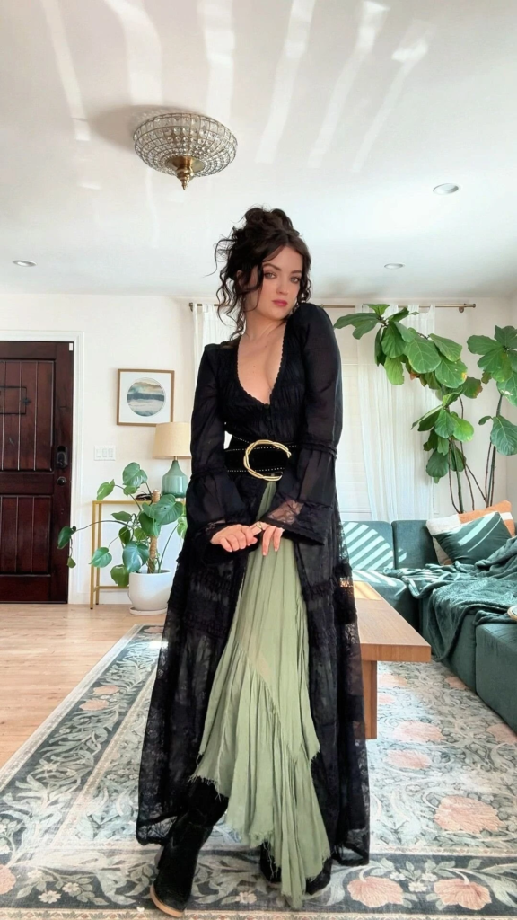 Black Lace Duster With Sage Skirt