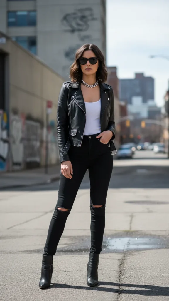 16. Edgy Leather Jacket and Black Denim