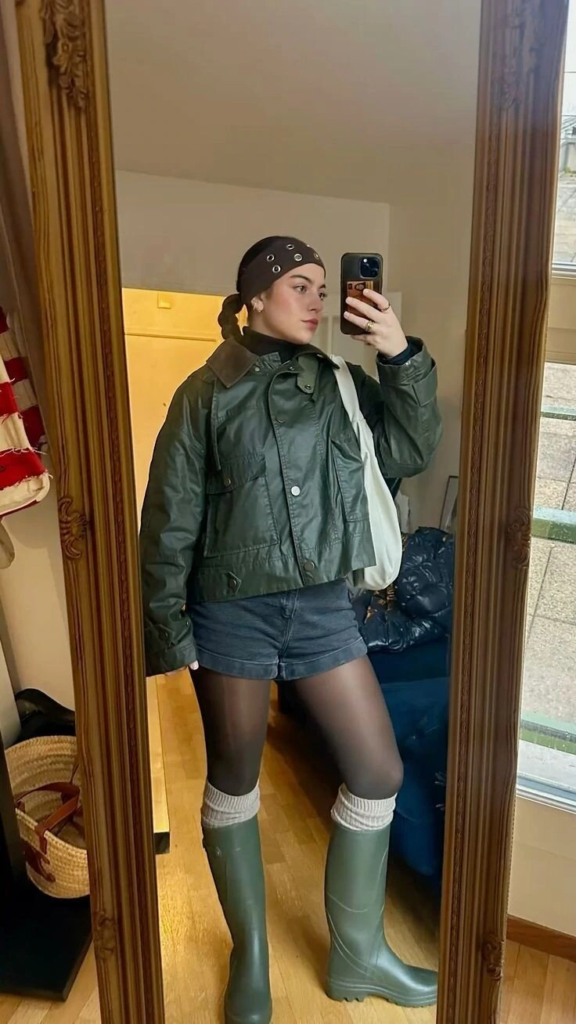 Utility Jacket With Green Wellington Boots