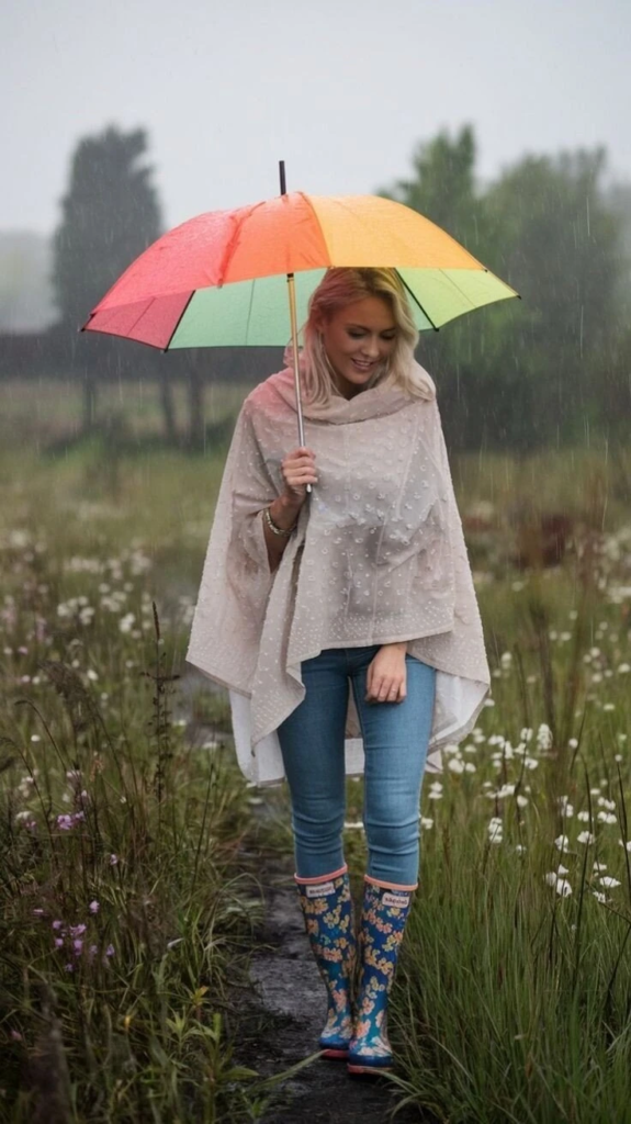 Cozy Poncho With Patterned Rain Boots