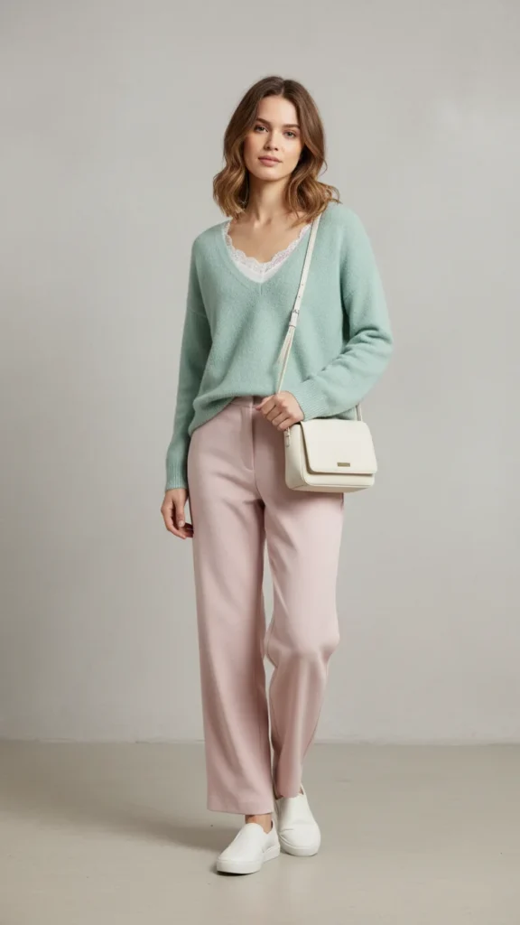 19. Mint Green Sweater and Pink Wide-Legs