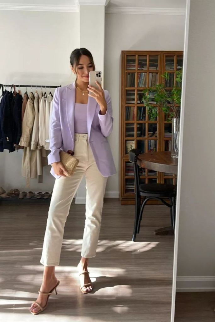Lavender Blazer With Cream Trousers