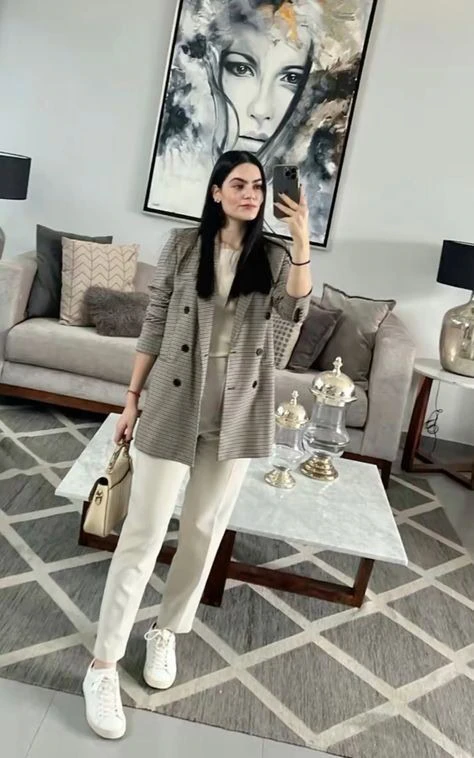 Neutral Blazer With Crisp White Pants