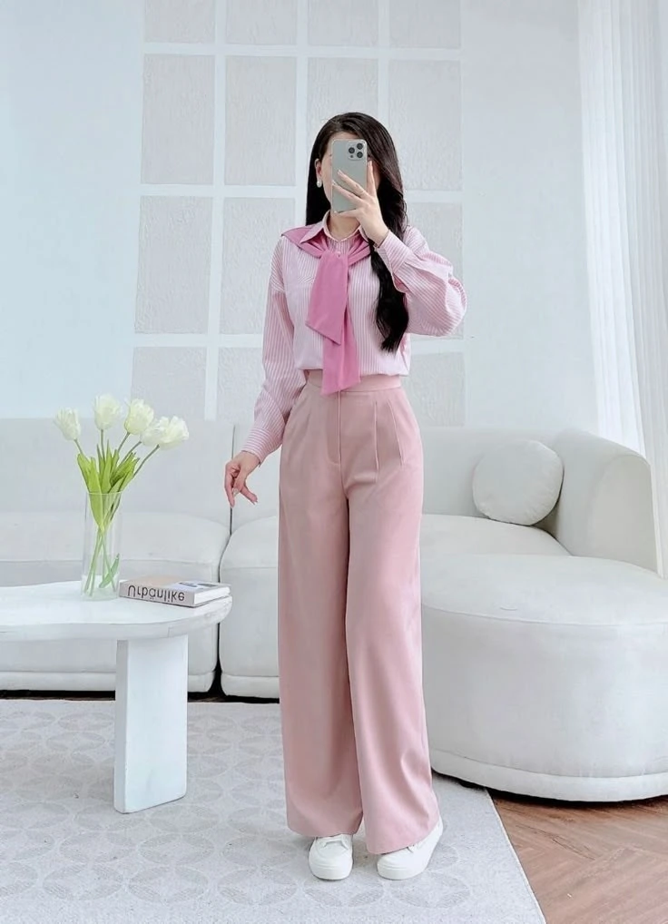 Soft Pink Blouse With Wide-Leg Pants