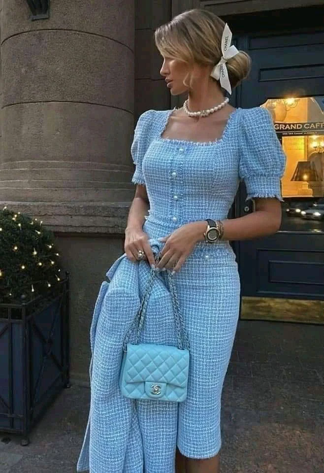 Powder Blue Tweed Dress With Pearl Accents