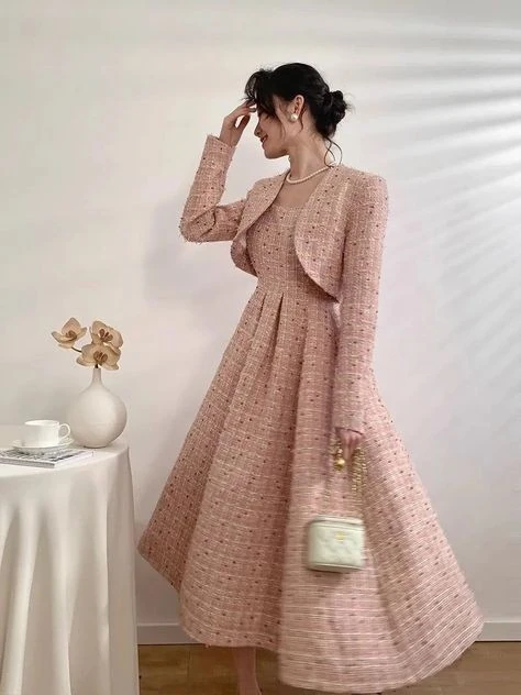Dusty Rose Tweed Dress With Cropped Jacket