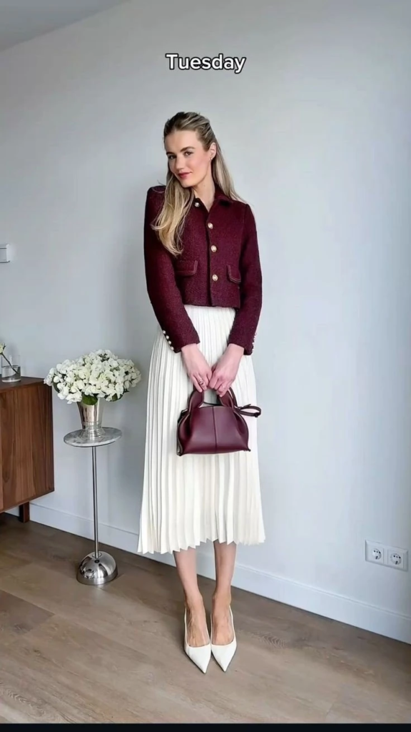 Burgundy Blazer With Ivory Pleated Skirt