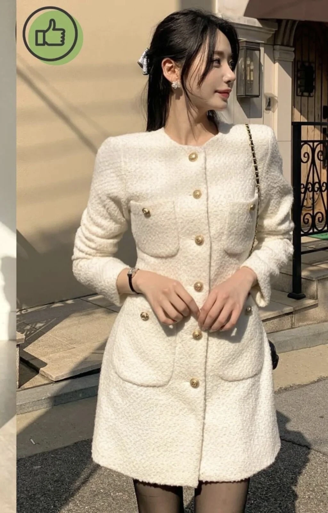Cream Tweed Dress With Gold Buttons