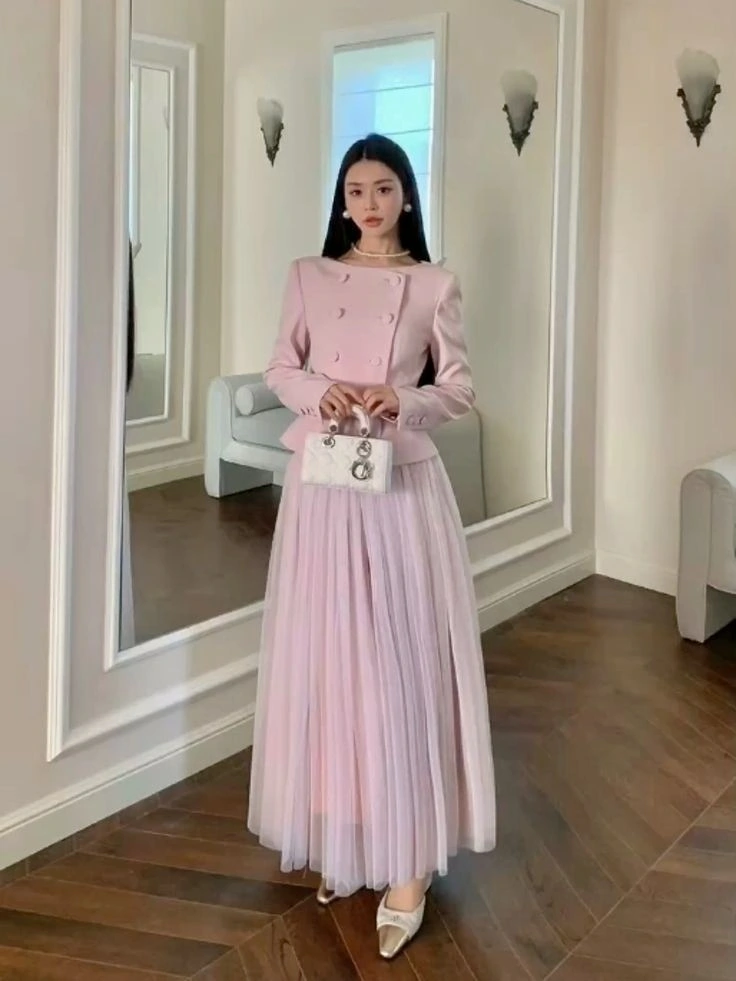 Pastel Blazer With Pleated Midi Skirt