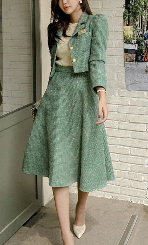 Sage Tweed Skirt Suit Ensemble