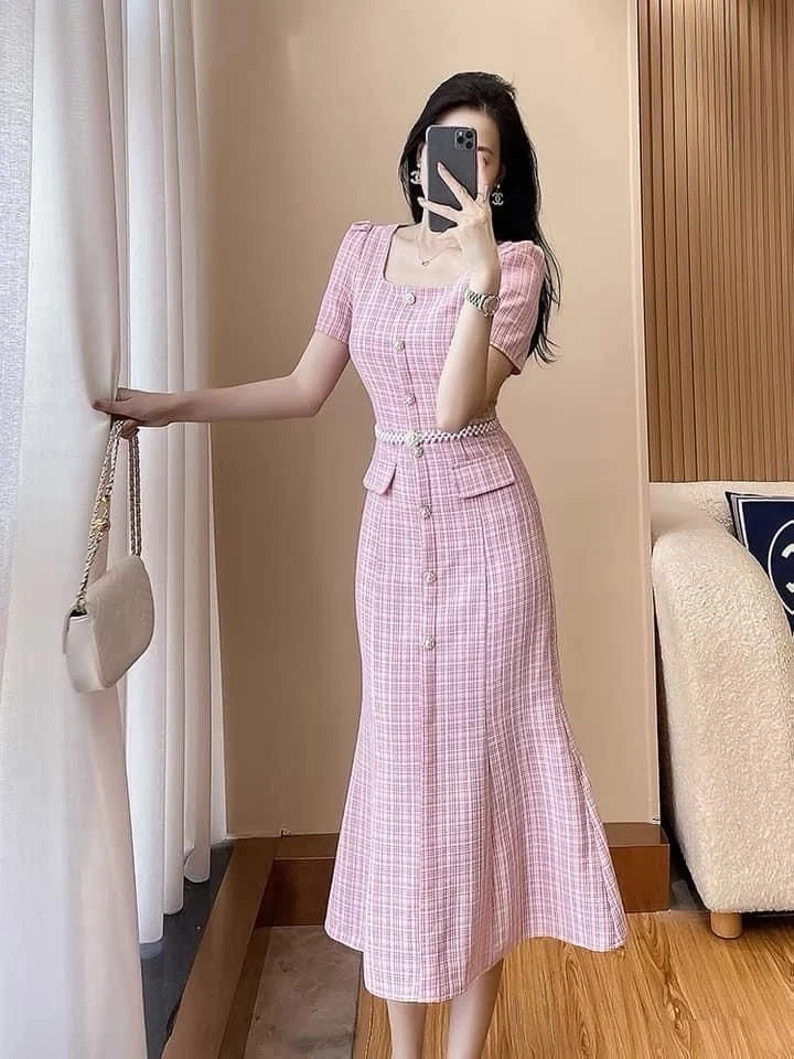 Pastel Pink Gingham Midi Dress