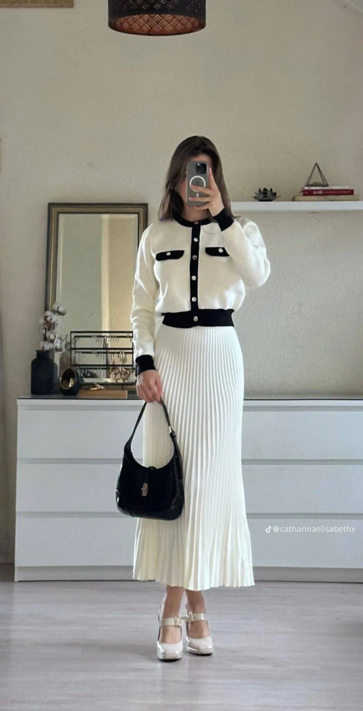 Monochrome Cardigan And Pleated Midi