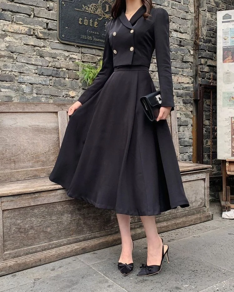Classic Black Blazer With Midi Skirt