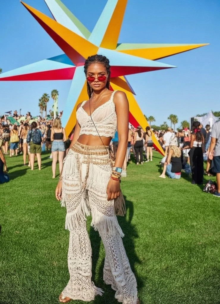 Boho Fringe Crop Top And Lace Pants