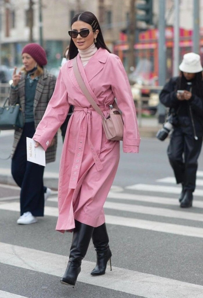 Pink Trench Coat With Black Boots
