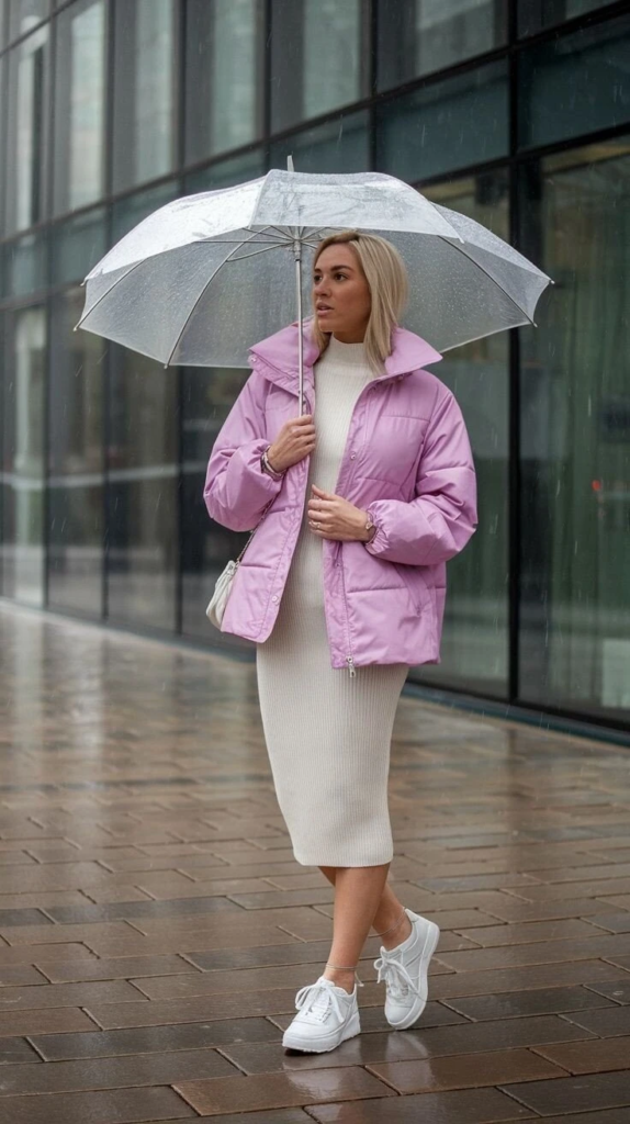 Pink Puffer Jacket With Cream Midi Dress