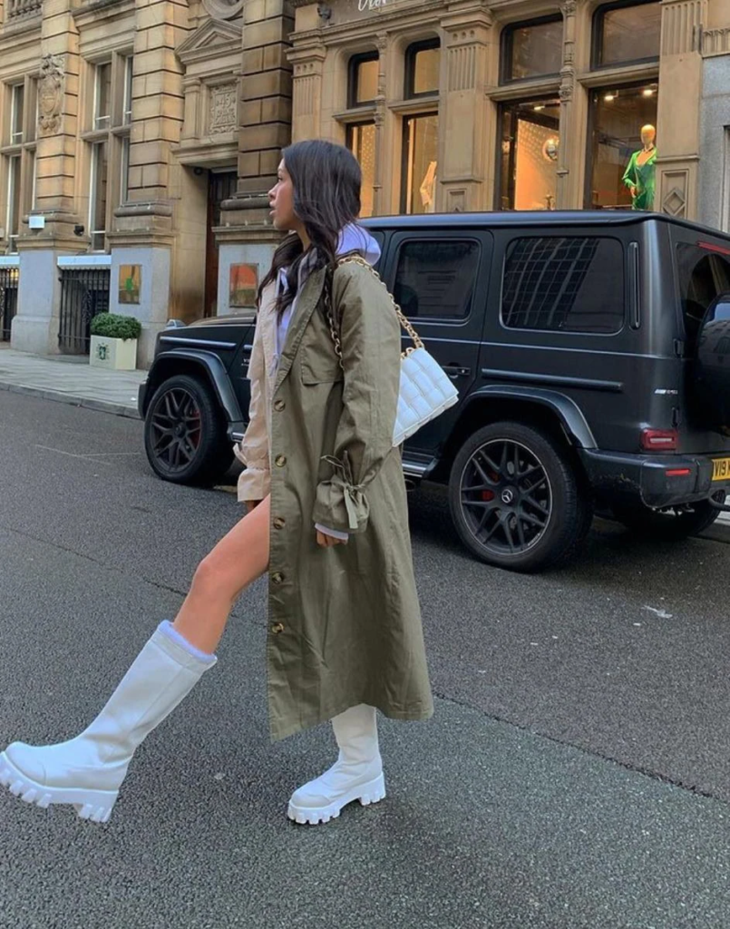 Olive Trench With White Combat Boots