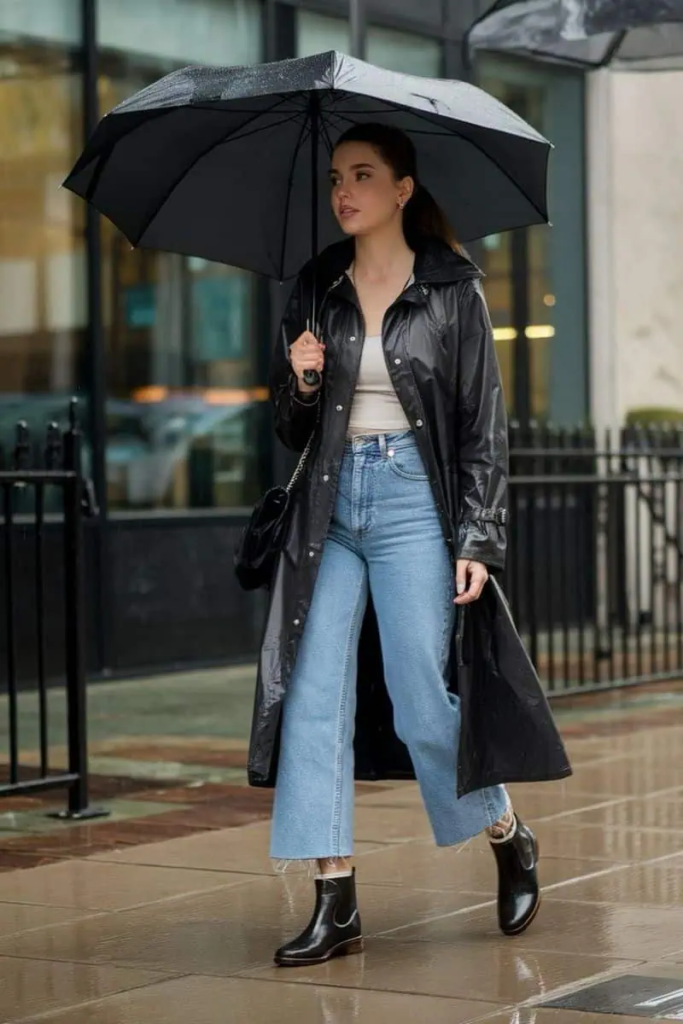 Black Leather Coat With Classic Jeans