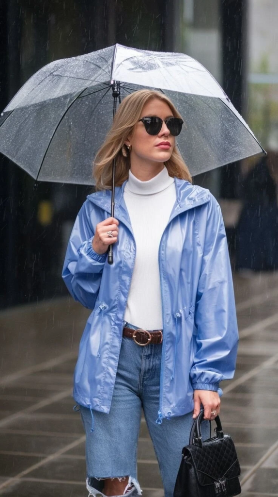 Classic Blue Raincoat With Crisp Whites