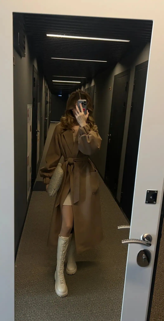 Camel Coat And Cream Lug Boots