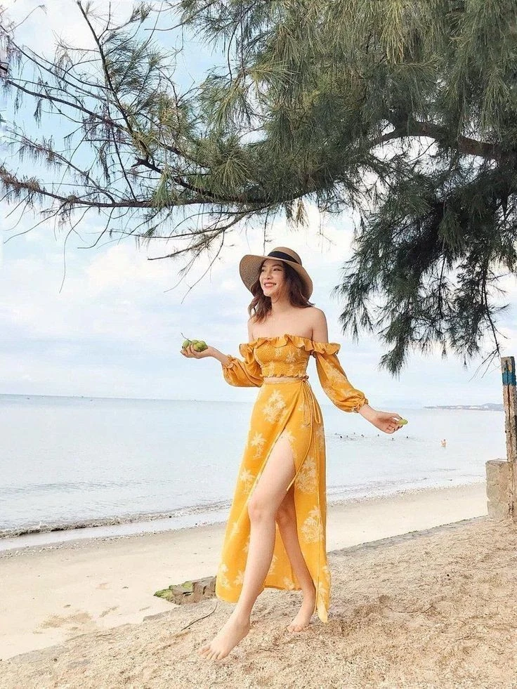 Golden Off-Shoulder Wrap Dress Look