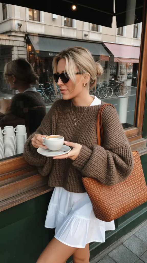 7. European Cafe Knit and White Skirt Ease