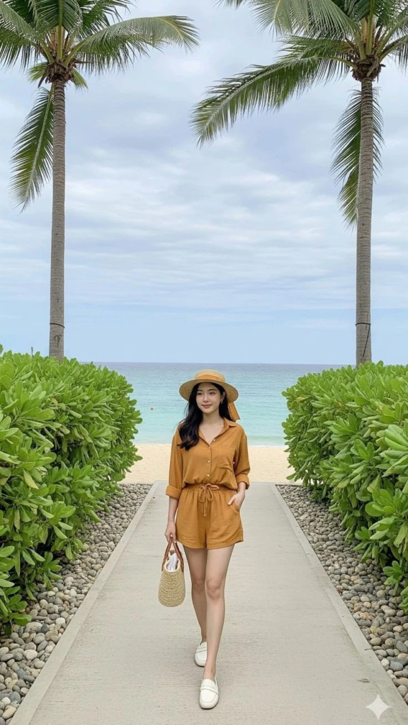 Golden Shirt Romper With Straw Hat