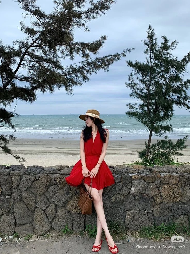 Bold Red Dress With Straw Hat