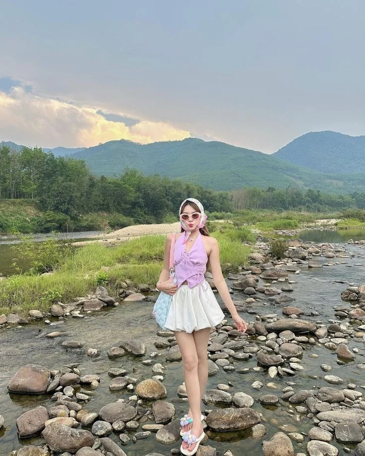 Lavender Top With White Pleated Skirt