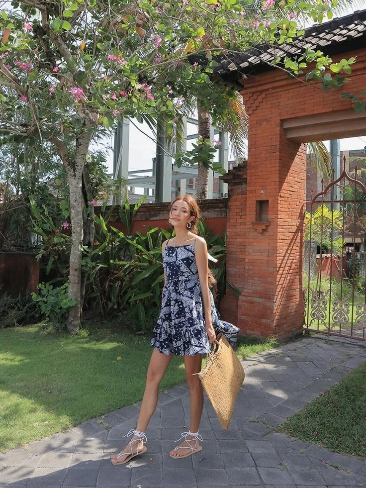 Navy Batik Dress With Woven Tote