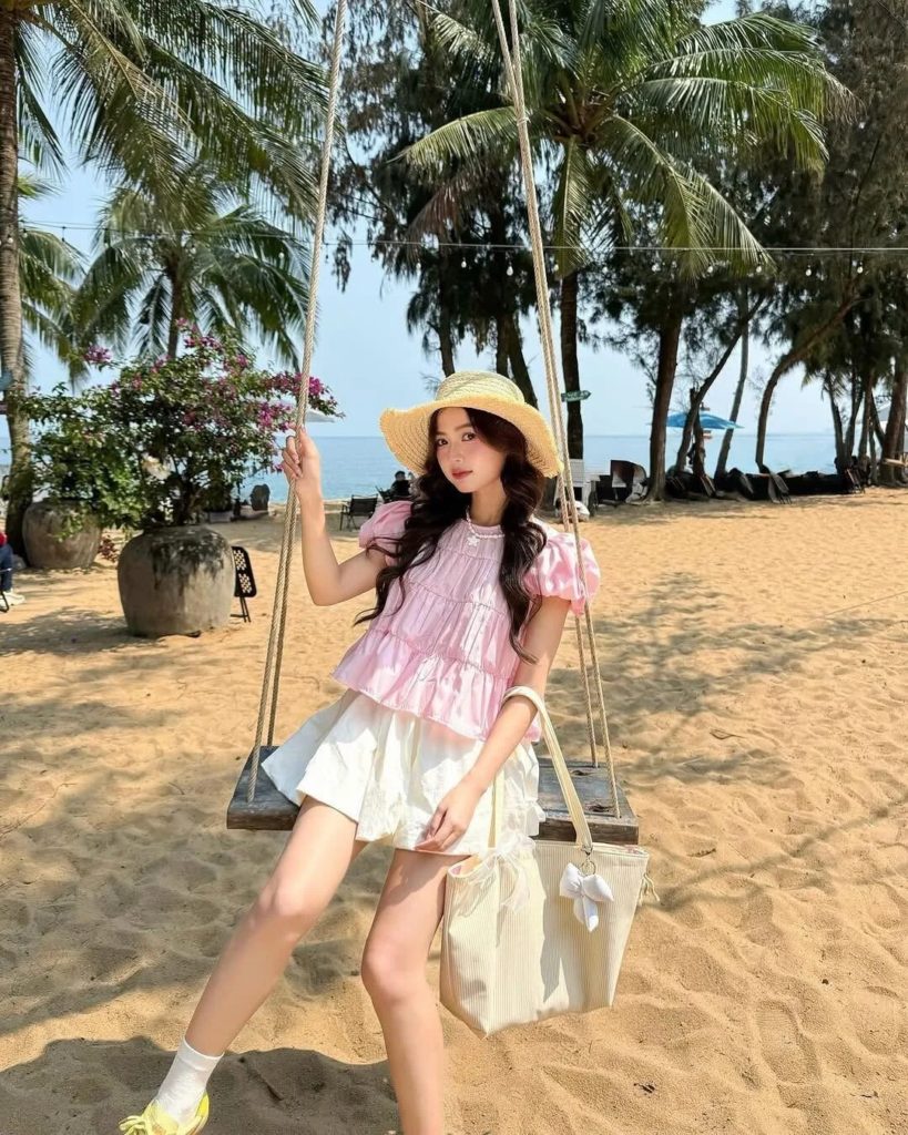 Pastel Ruffle Top With Neutral Skirt