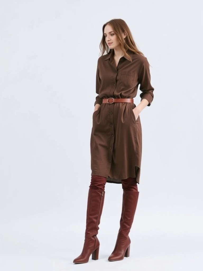 Midi Shirt Dress And Tall Boots