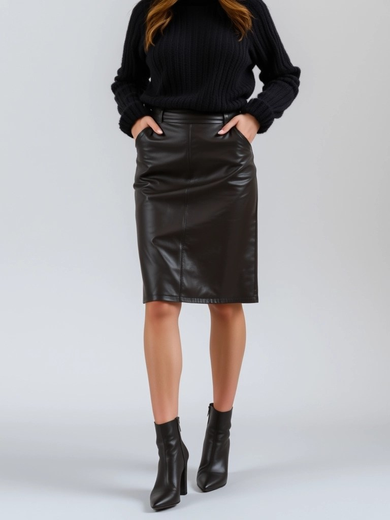 Turtleneck Sweater And Leather Skirt