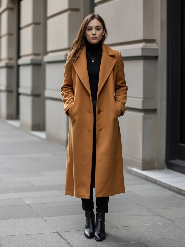 Camel Coat Over All-Black Ensemble