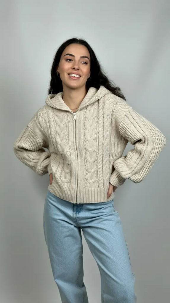 14. Cream Zip Hoodie Knit and Light Denim Comfort