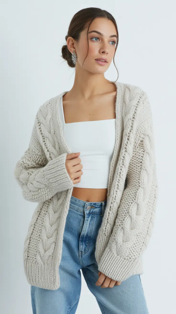 16. Chunky Cardigan and Straight Denim Balance