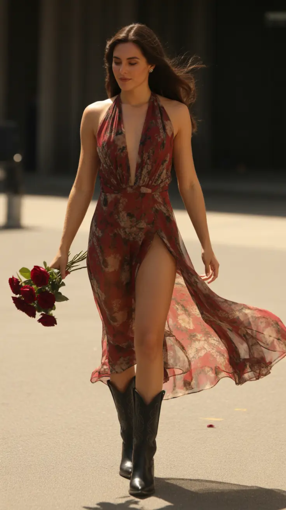 20. Romantic Maxi Dress with Western Boots